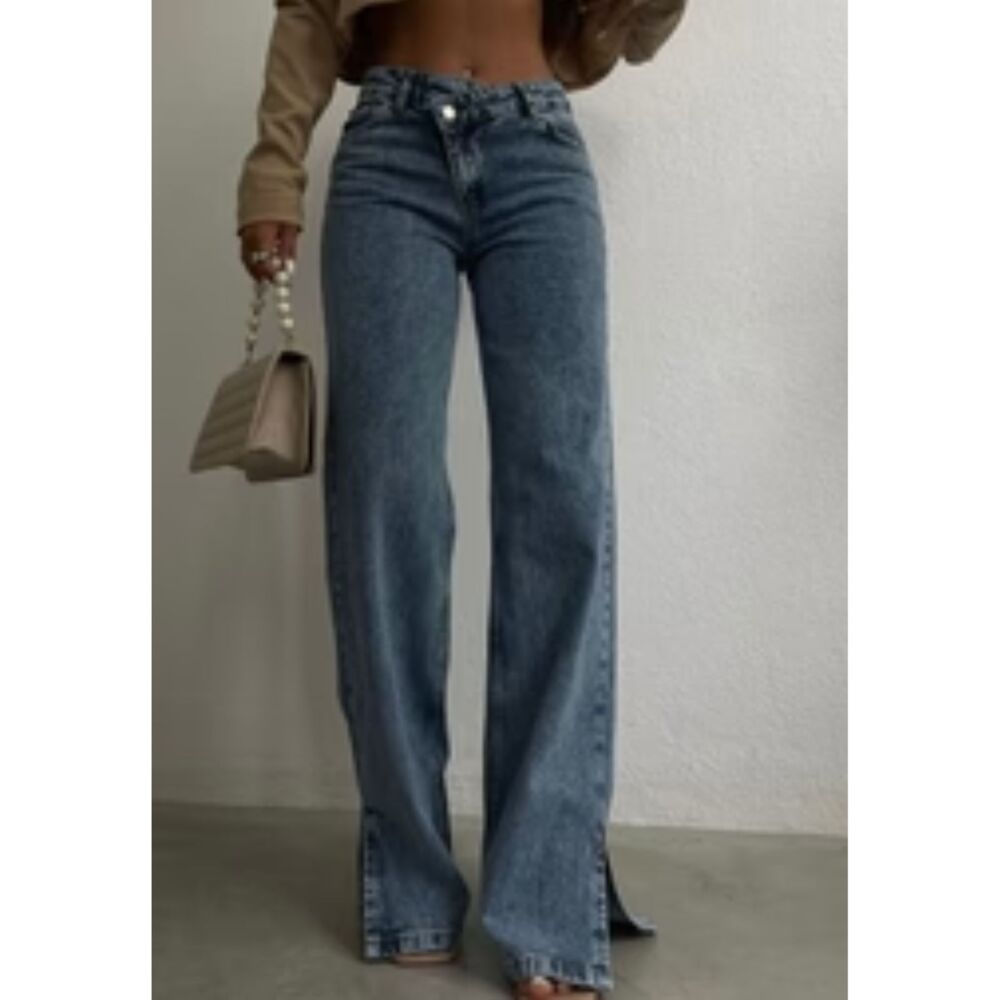 Piral Cross Button Straight Jeans Women's Size M Medium Wash Side Slit